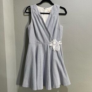 Maison Jules Blue and White Striped Wrap-Style Dress with Lace Applique